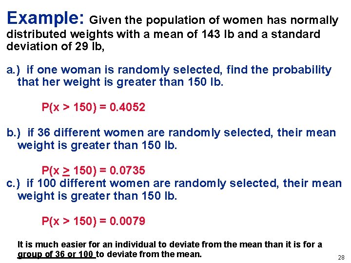 Example: Given the population of women has normally distributed weights with a mean of