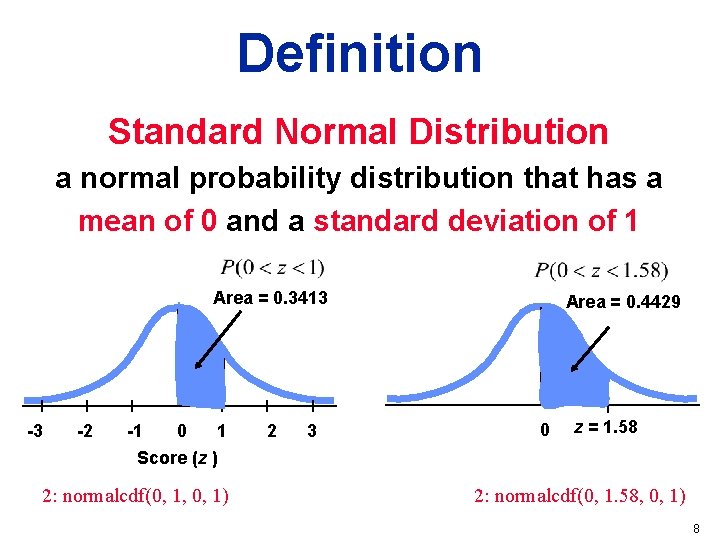 Definition Standard Normal Distribution a normal probability distribution that has a mean of 0