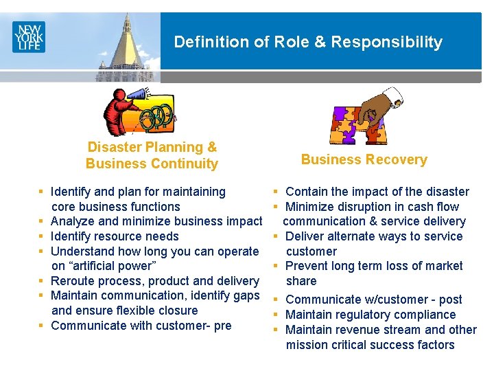 Definition of Role & Responsibility Disaster Planning & Business Continuity § Identify and plan