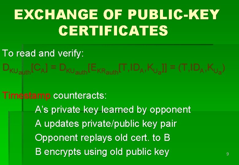 EXCHANGE OF PUBLIC-KEY CERTIFICATES To read and verify: DKUauth[CA] = DKUauth[EKRauth[T, IDA, KUa]] =