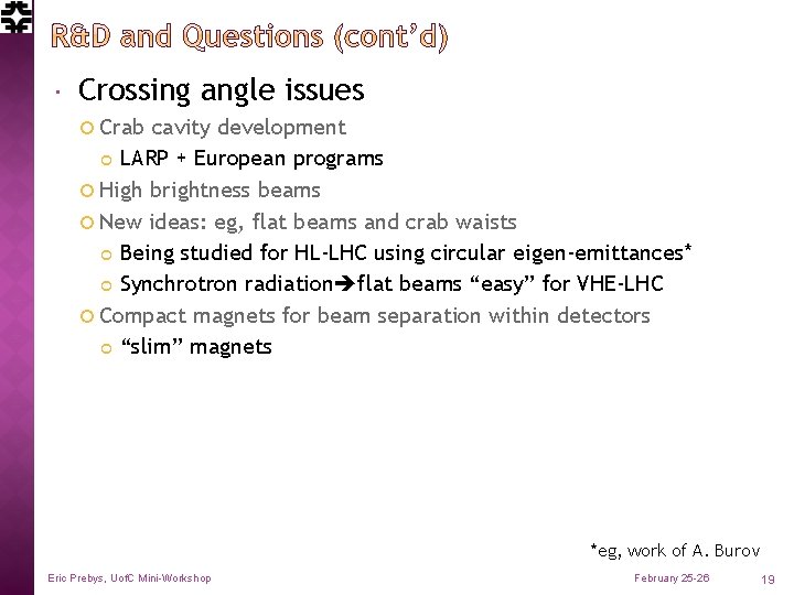  Crossing angle issues Crab cavity development LARP + European programs High brightness beams