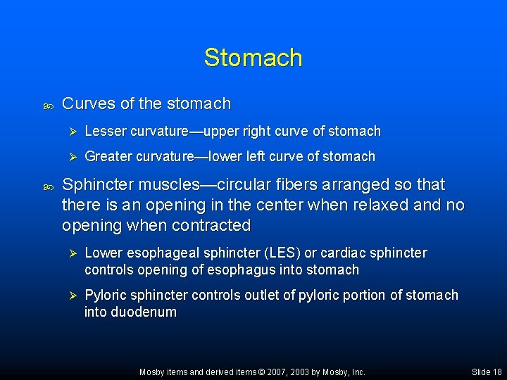 Stomach Curves of the stomach Ø Lesser curvature—upper right curve of stomach Ø Greater