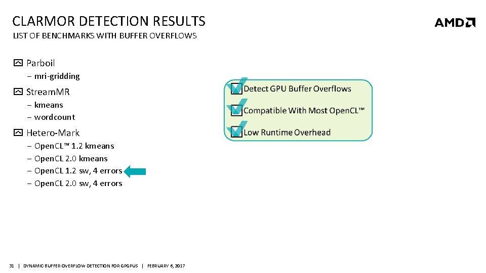 CLARMOR DETECTION RESULTS LIST OF BENCHMARKS WITH BUFFER OVERFLOWS Parboil ‒ mri-gridding Stream. MR