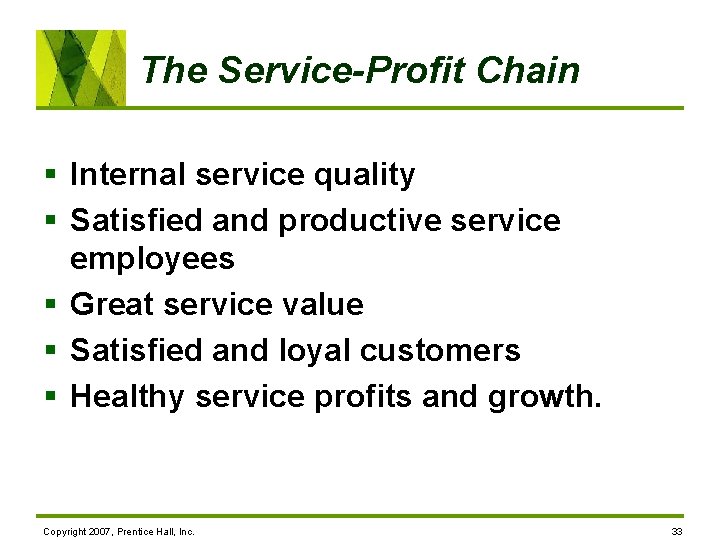 The Service-Profit Chain § Internal service quality § Satisfied and productive service employees §