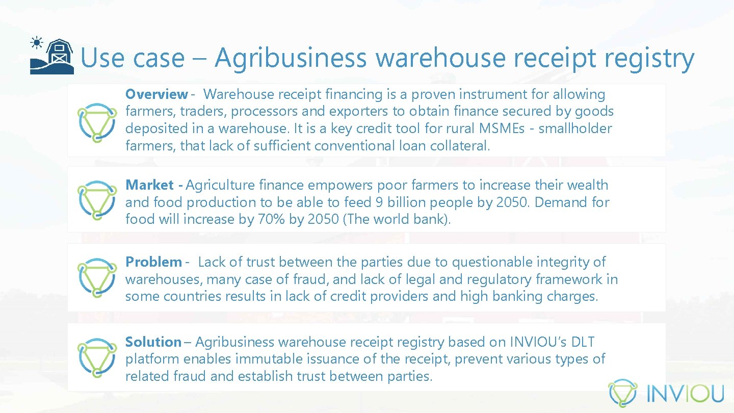 Use case – Agribusiness warehouse receipt registry Overview - Warehouse receipt financing is a