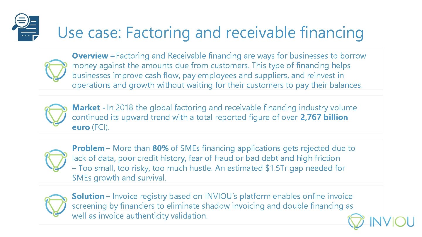 Use case: Factoring and receivable financing Overview – Factoring and Receivable financing are ways