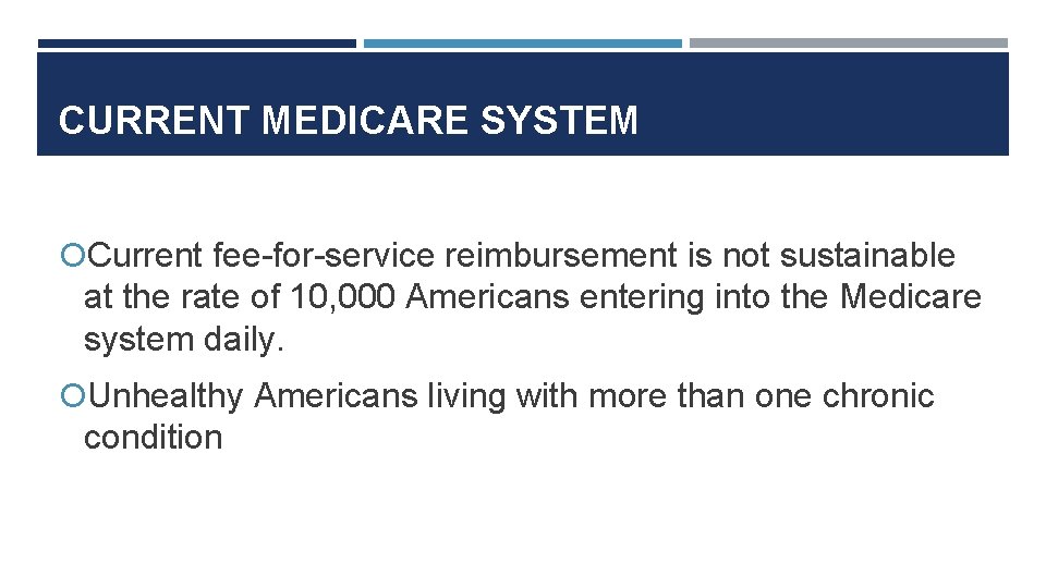 CURRENT MEDICARE SYSTEM Current fee-for-service reimbursement is not sustainable at the rate of 10,
