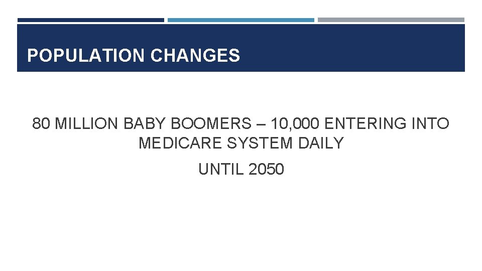 POPULATION CHANGES 80 MILLION BABY BOOMERS – 10, 000 ENTERING INTO MEDICARE SYSTEM DAILY