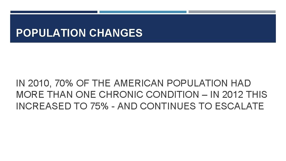 POPULATION CHANGES IN 2010, 70% OF THE AMERICAN POPULATION HAD MORE THAN ONE CHRONIC