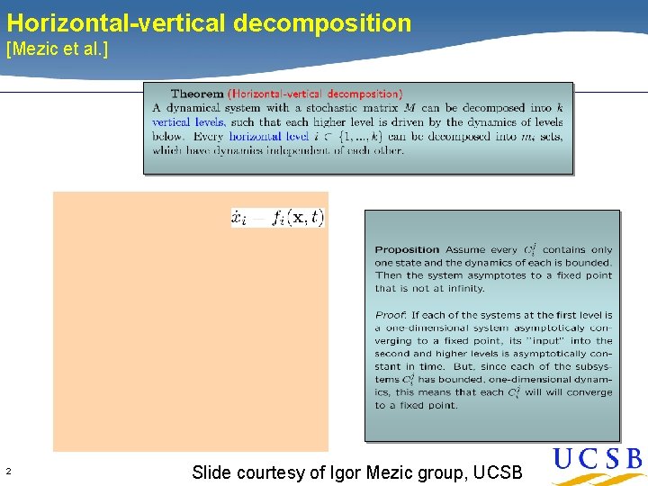 Horizontal-vertical decomposition [Mezic et al. ] 2 Slide courtesy of Igor Mezic group, UCSB
