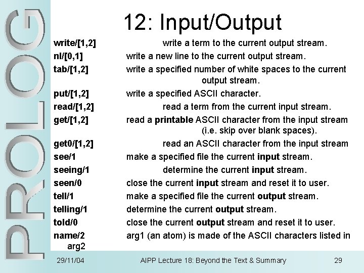 12: Input/Output write/[1, 2] nl/[0, 1] tab/[1, 2] put/[1, 2] read/[1, 2] get 0/[1,