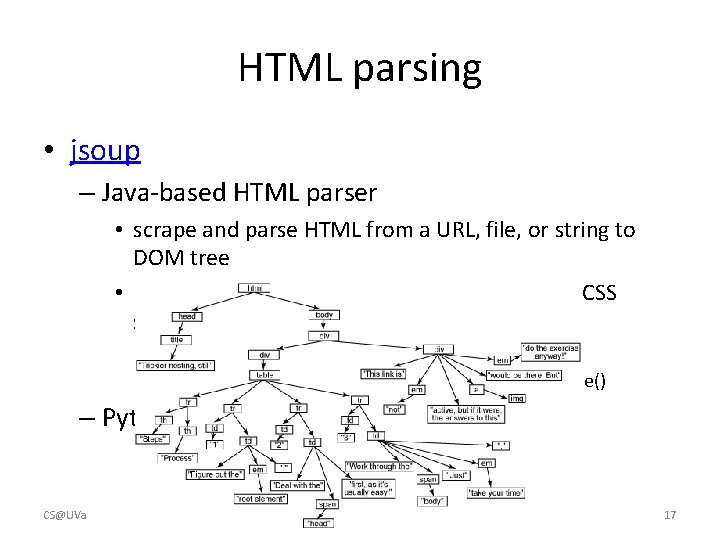 HTML parsing • jsoup – Java-based HTML parser • scrape and parse HTML from