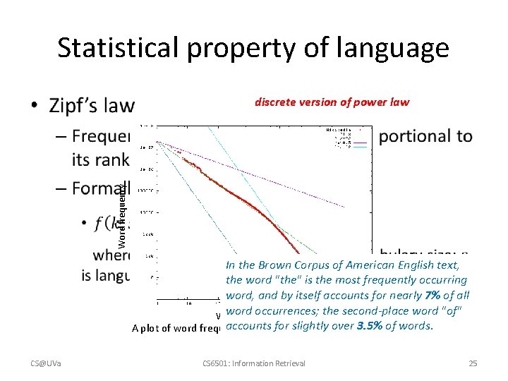Statistical property of language • Word frequency discrete version of power law In the