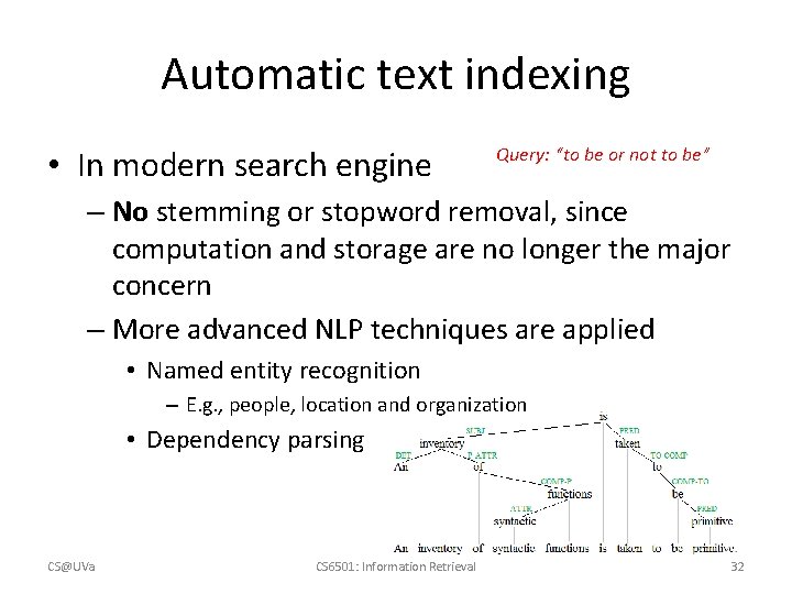 Automatic text indexing • In modern search engine Query: “to be or not to