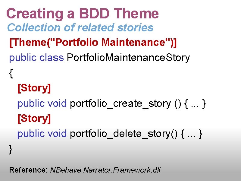 Creating a BDD Theme Collection of related stories [Theme("Portfolio Maintenance")] public class Portfolio. Maintenance.