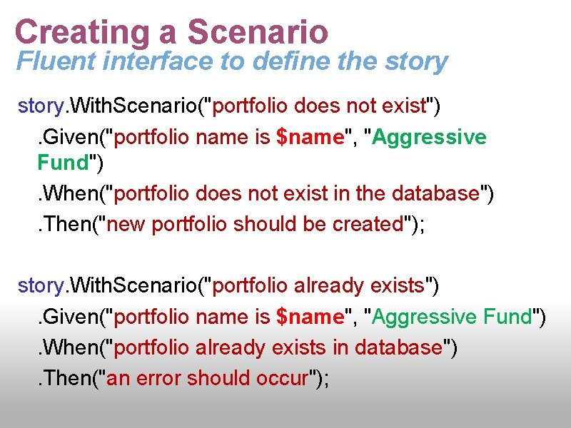Creating a Scenario Fluent interface to define the story. With. Scenario("portfolio does not exist").