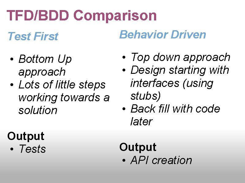 TFD/BDD Comparison Test First Behavior Driven • Bottom Up approach • Lots of little