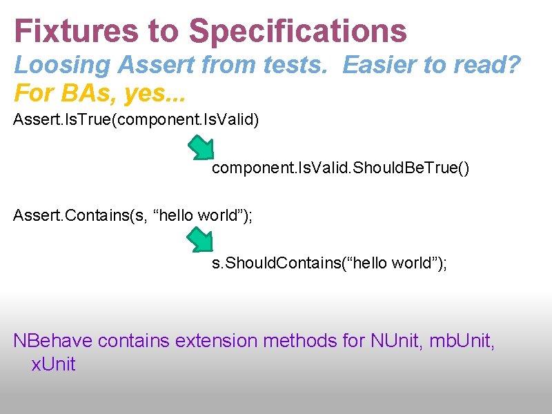 Fixtures to Specifications Loosing Assert from tests. Easier to read? For BAs, yes. .