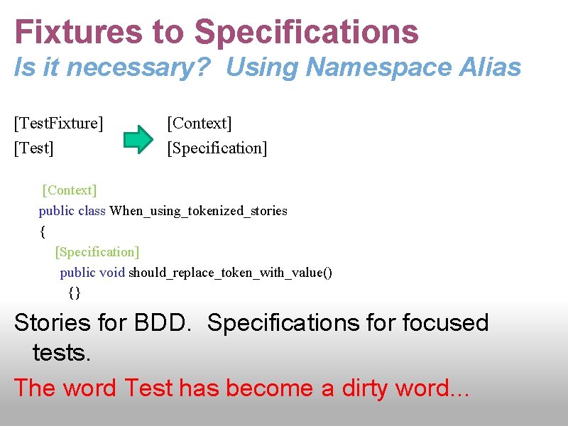 Fixtures to Specifications Is it necessary? Using Namespace Alias [Test. Fixture] [Test] [Context] [Specification]