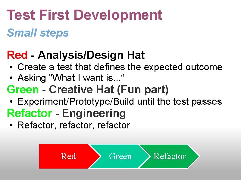Test First Development Small steps Red - Analysis/Design Hat • Create a test that