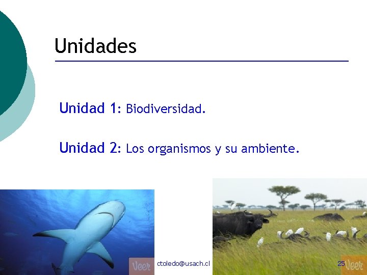 Unidades Unidad 1: Biodiversidad. Unidad 2: Los organismos y su ambiente. ctoledo@usach. cl 25