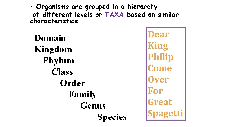  • Organisms are grouped in a hierarchy of different levels or TAXA based