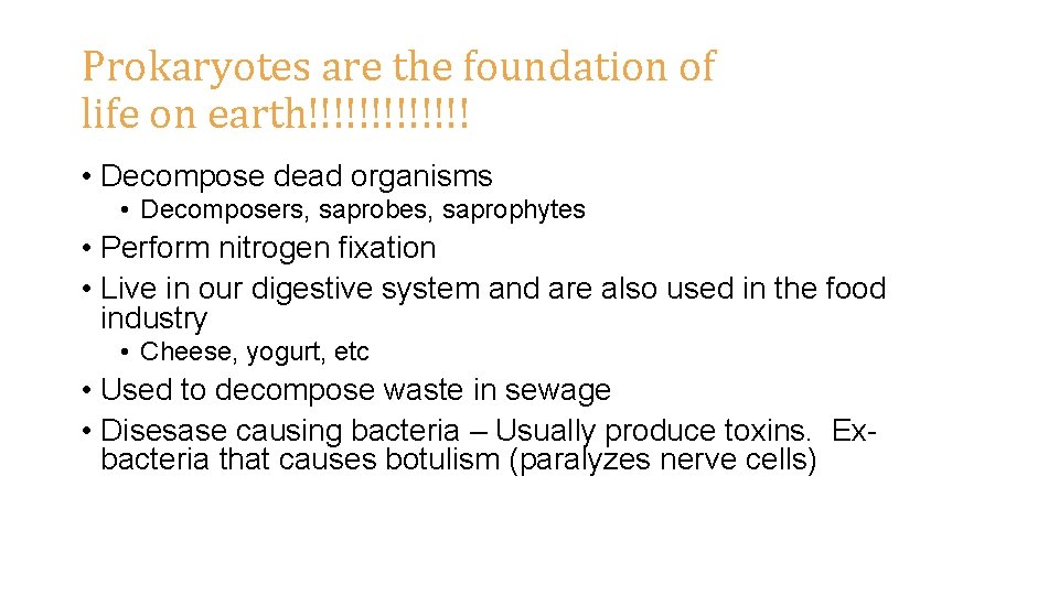 Prokaryotes are the foundation of life on earth!!!!!!! • Decompose dead organisms • Decomposers,