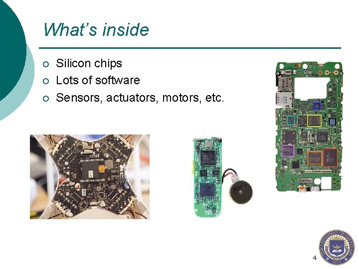 What’s inside ¡ ¡ ¡ Silicon chips Lots of software Sensors, actuators, motors, etc.