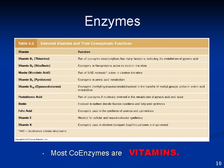 Enzymes • Most Co. Enzymes are VITAMINS. 10 