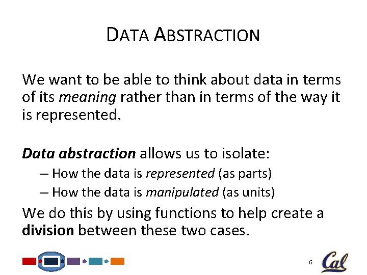 DATA ABSTRACTION We want to be able to think about data in terms of