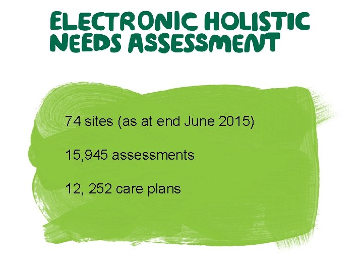 74 sites (as at end June 2015) 15, 945 assessments 12, 252 care plans