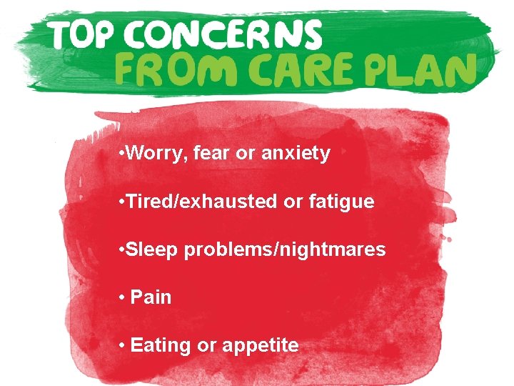  • • Worry, fear or anxiety • Tired/exhausted or fatigue • Sleep problems/nightmares