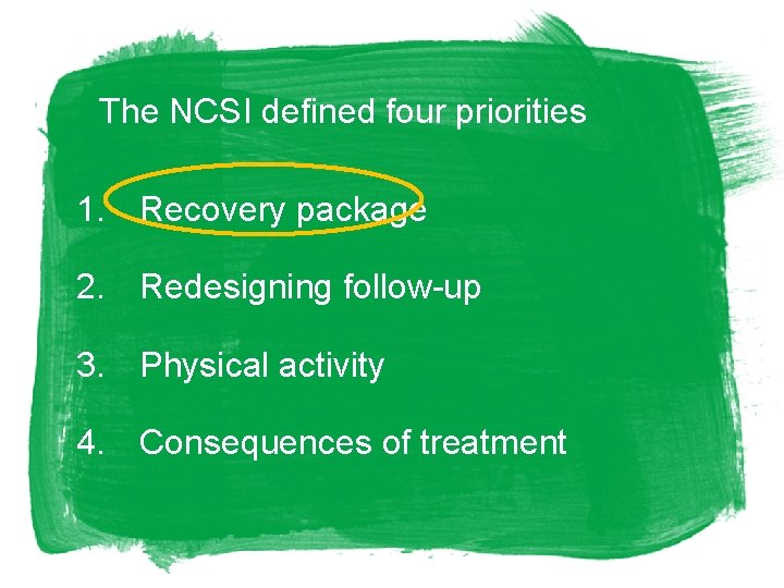 The NCSI defined four priorities 1. Recovery package 2. Redesigning follow-up 3. Physical activity
