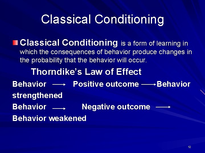 Classical Conditioning is a form of learning in which the consequences of behavior produce