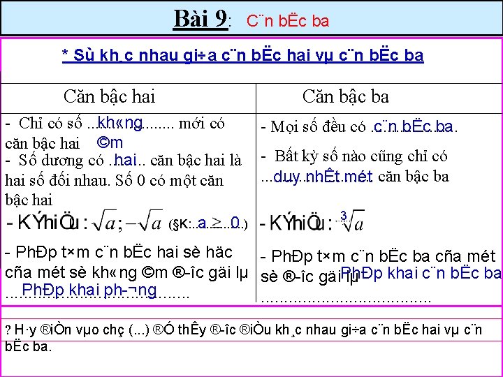 Bài 9: C¨n bËc ba * Sù kh¸c nhau gi÷a c¨n bËc hai vµ
