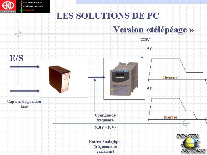 LES SOLUTIONS DE PC Version «télépéage » 220 V f E/S Descente t f