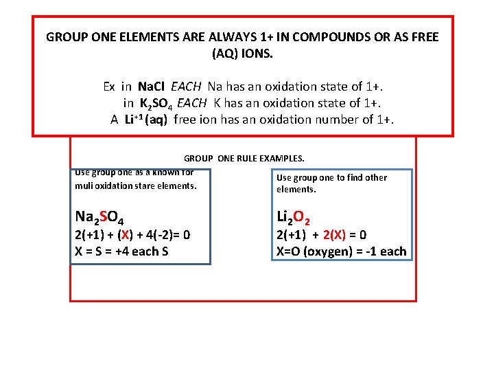GROUP ONE ELEMENTS ARE ALWAYS 1+ IN COMPOUNDS OR AS FREE (AQ) IONS. Ex