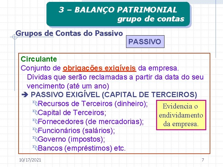 3 – BALANÇO PATRIMONIAL grupo de contas Grupos de Contas do Passivo PASSIVO Circulante