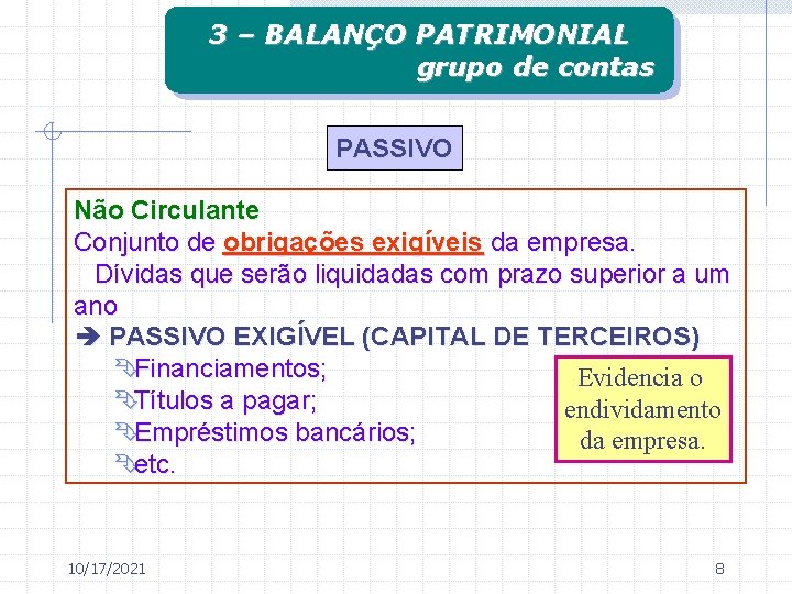 3 – BALANÇO PATRIMONIAL grupo de contas PASSIVO Não Circulante Conjunto de obrigações exigíveis