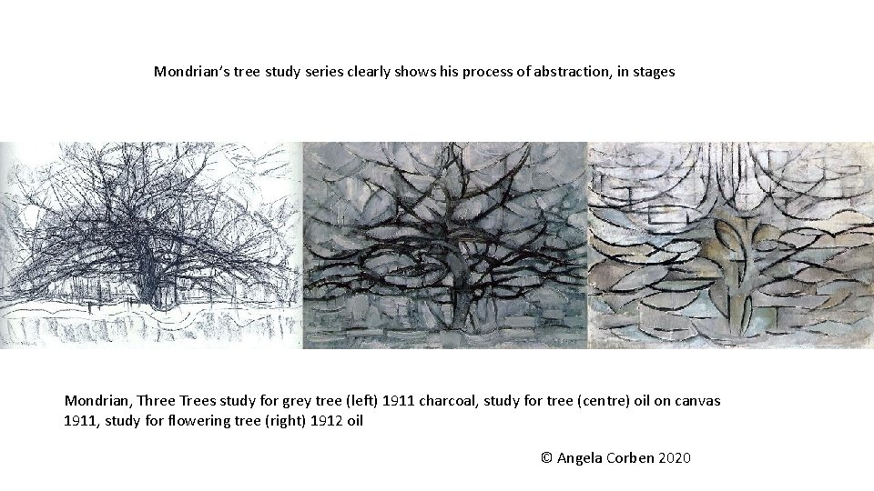 Mondrian’s tree study series clearly shows his process of abstraction, in stages Mondrian, Three