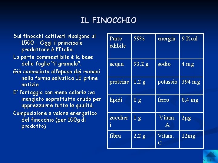 IL FINOCCHIO Sui finocchi coltivati risalgono al 1500. Oggi il principale produttore è l’Italia.