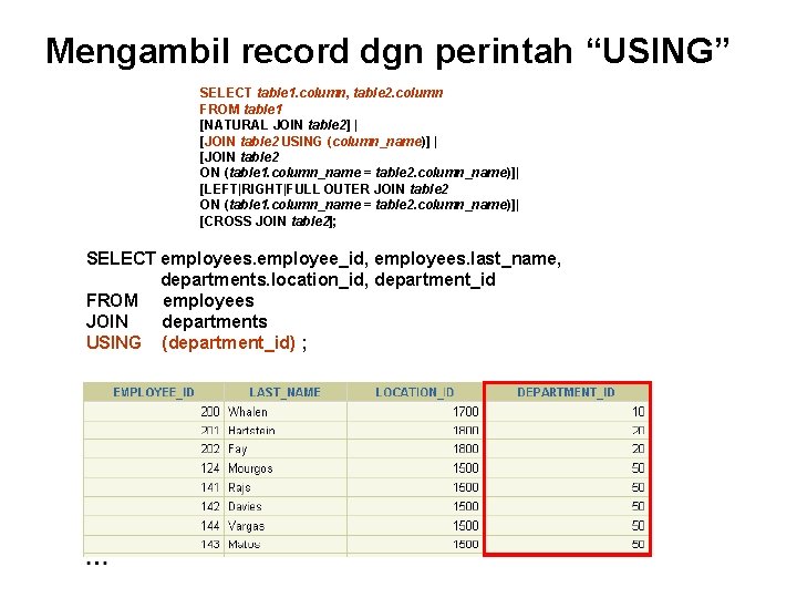 Mengambil record dgn perintah “USING” SELECT table 1. column, table 2. column FROM table Mengambil record dgn perintah “USING” SELECT table 1. column, table 2. column FROM table