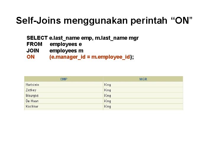 Self-Joins menggunakan perintah “ON” SELECT e. last_name emp, m. last_name mgr FROM employees e Self-Joins menggunakan perintah “ON” SELECT e. last_name emp, m. last_name mgr FROM employees e