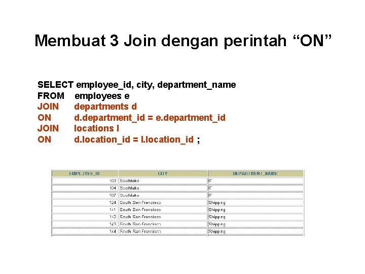 Membuat 3 Join dengan perintah “ON” SELECT employee_id, city, department_name FROM employees e JOIN Membuat 3 Join dengan perintah “ON” SELECT employee_id, city, department_name FROM employees e JOIN