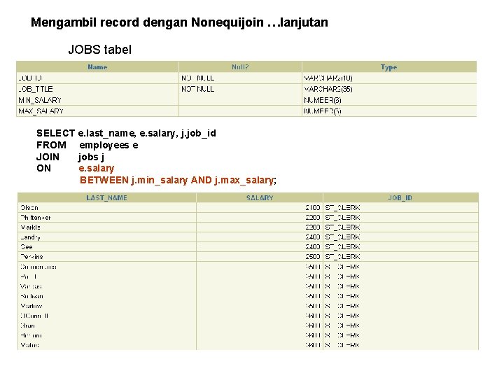 Mengambil record dengan Nonequijoin …lanjutan JOBS tabel SELECT e. last_name, e. salary, j. job_id Mengambil record dengan Nonequijoin …lanjutan JOBS tabel SELECT e. last_name, e. salary, j. job_id