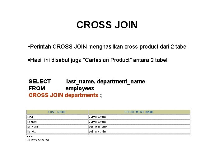 CROSS JOIN §Perintah CROSS JOIN menghasilkan cross-product dari 2 tabel §Hasil ini disebut juga CROSS JOIN §Perintah CROSS JOIN menghasilkan cross-product dari 2 tabel §Hasil ini disebut juga