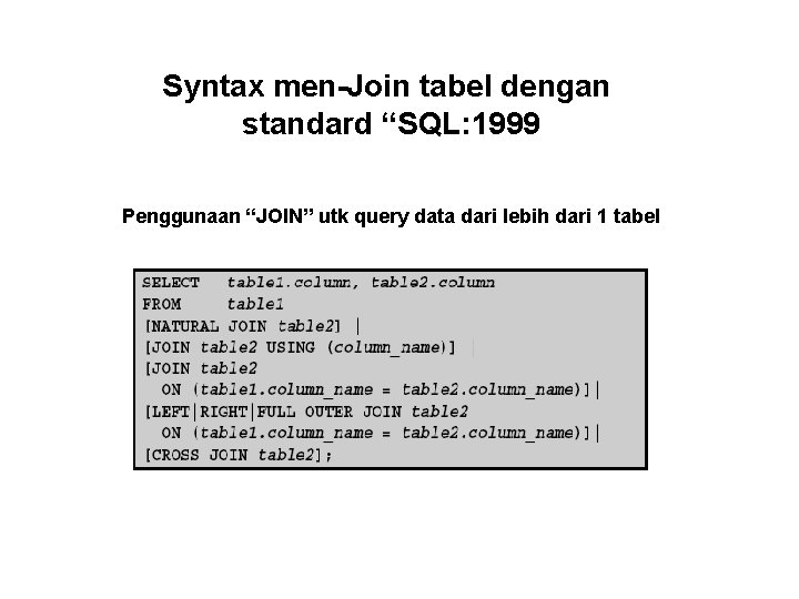 Syntax men-Join tabel dengan standard “SQL: 1999 Penggunaan “JOIN” utk query data dari lebih Syntax men-Join tabel dengan standard “SQL: 1999 Penggunaan “JOIN” utk query data dari lebih