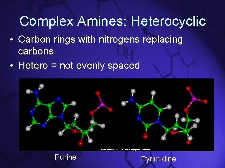 Complex Amines: Heterocyclic • Carbon rings with nitrogens replacing carbons • Hetero = not