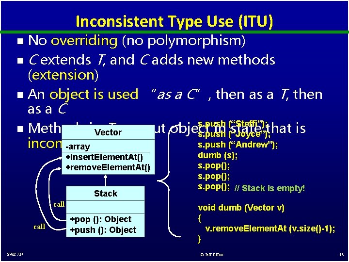 Inconsistent Type Use (ITU) No overriding (no polymorphism) n C extends T, and C