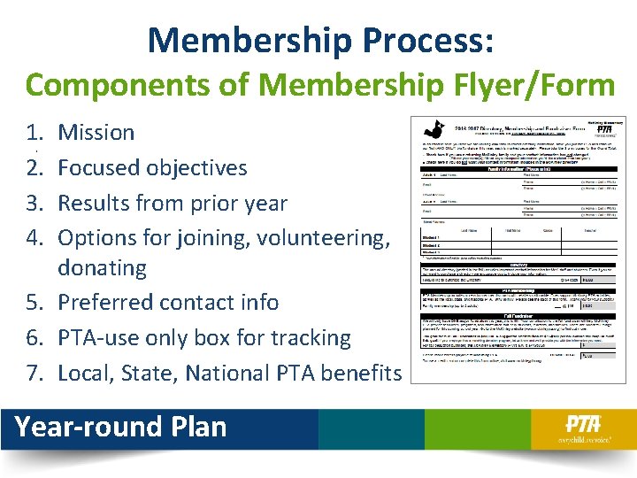 Membership Process: Components of Membership Flyer/Form 1. 2. 3. 4. Mission Focused objectives Results